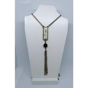 Gold Tone Floral Necklace White Resin 24” Refined Botanical Pendant